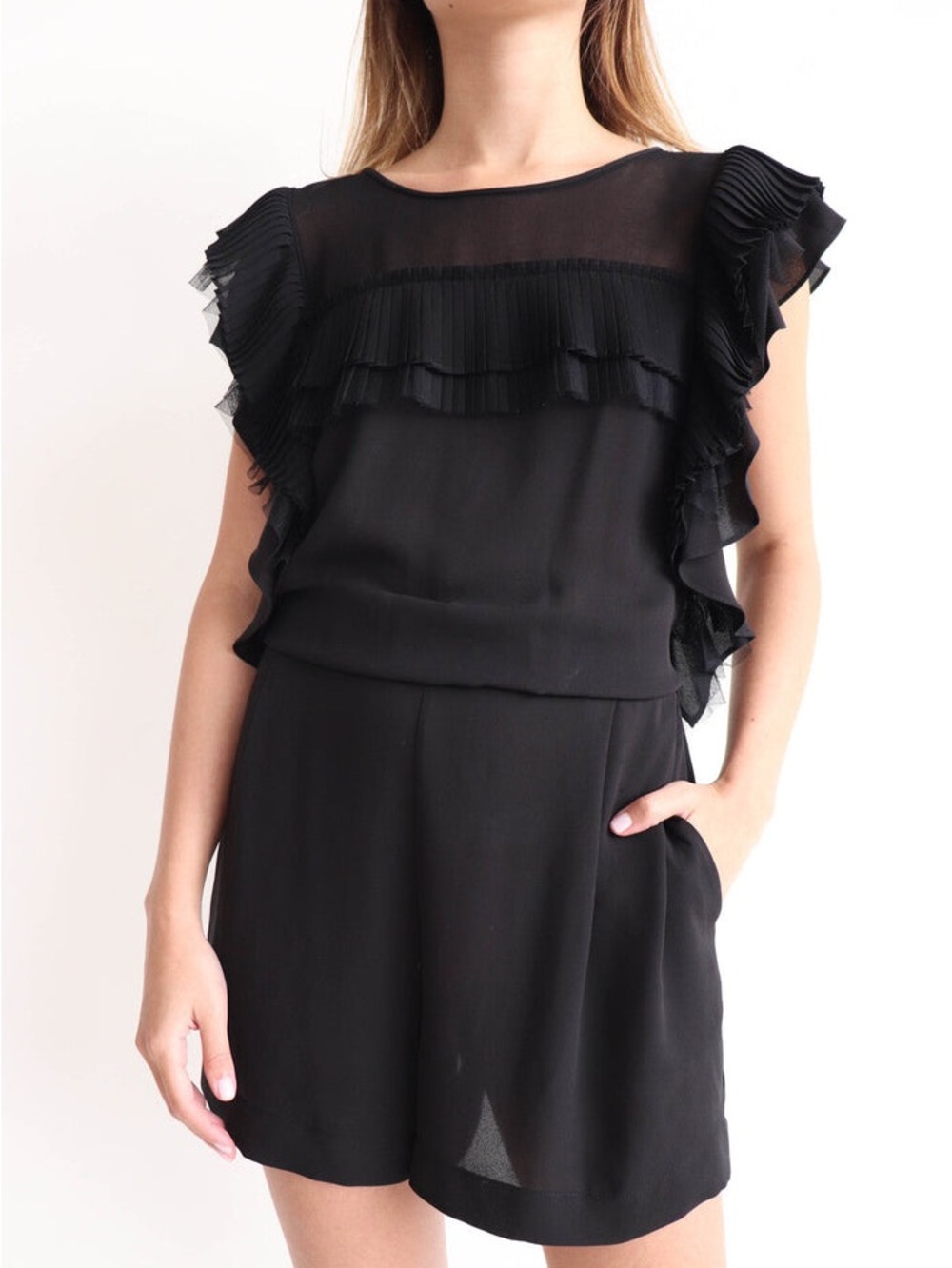 BCBG Max Azria Black Ruffled Romper POCKETS jumpsuit pleated shorts sheer LBD